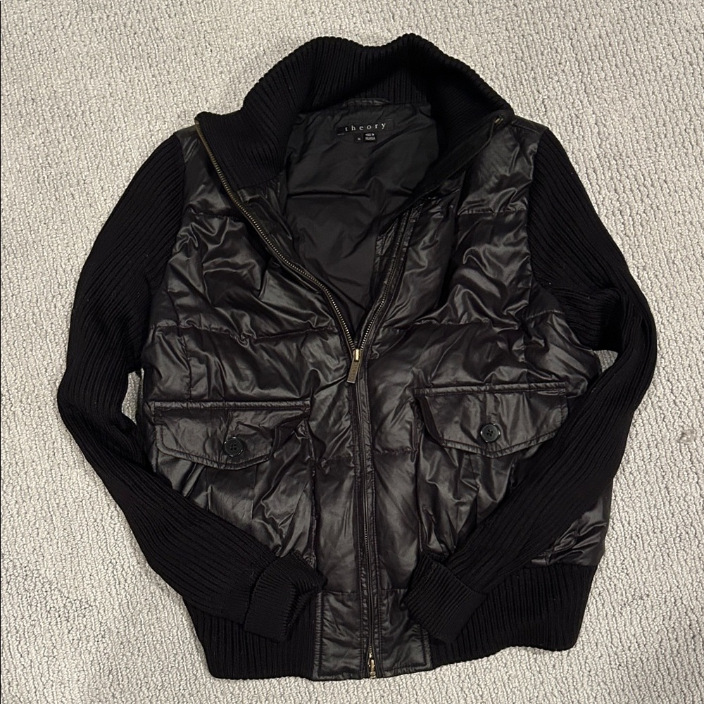 Theory Black Puffer Vest with Knit Sleeves
